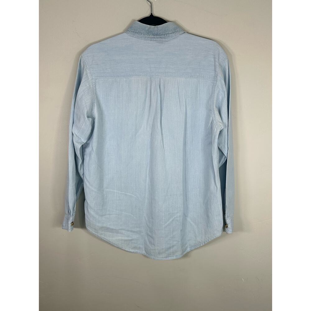 Vintage 90s Casey & Max Chambray Button Down Crochet Flag Patch America Size M - Picture 2 of 8